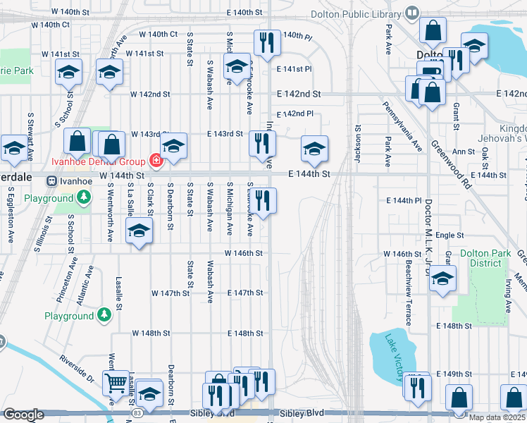 map of restaurants, bars, coffee shops, grocery stores, and more near 14423 South Edbrooke Avenue in Riverdale