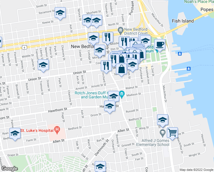 map of restaurants, bars, coffee shops, grocery stores, and more near 60 Orchard Street in New Bedford