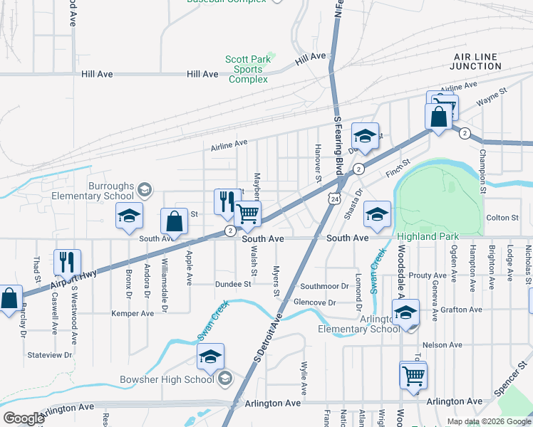 map of restaurants, bars, coffee shops, grocery stores, and more near 2115 Dana Street in Toledo