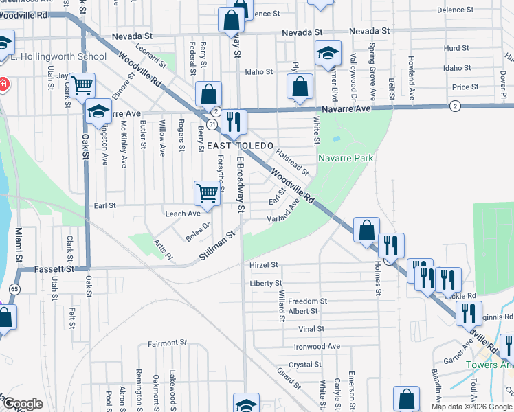 map of restaurants, bars, coffee shops, grocery stores, and more near 1108 Madeleine Street in Toledo