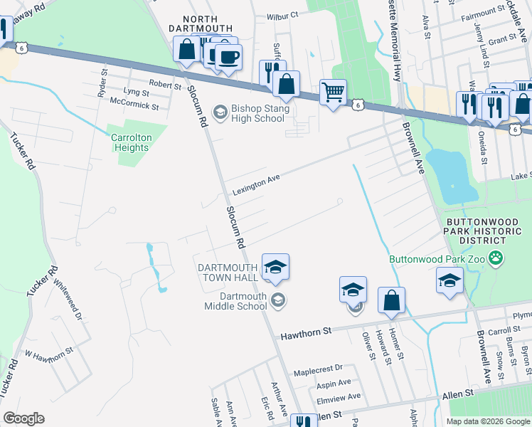 map of restaurants, bars, coffee shops, grocery stores, and more near 135 Longwood Avenue in Dartmouth