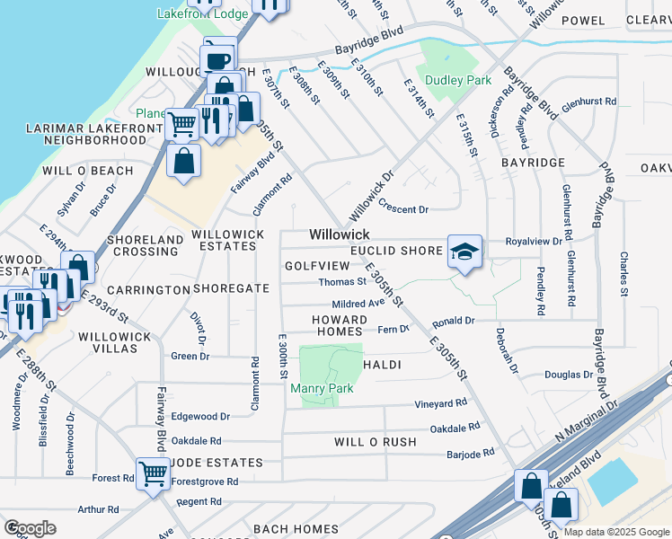 map of restaurants, bars, coffee shops, grocery stores, and more near 30322 Harrison Street in Willowick