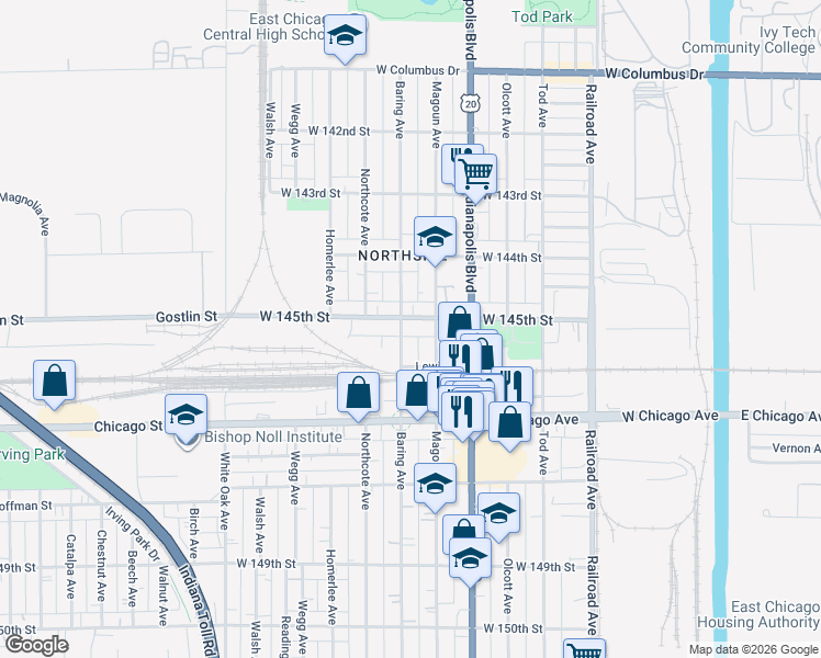 map of restaurants, bars, coffee shops, grocery stores, and more near 917 West 145th Street in East Chicago