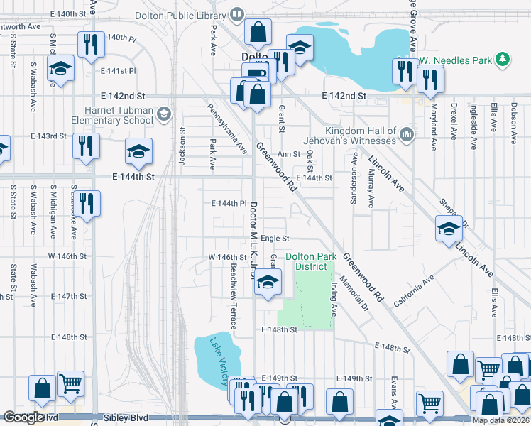 map of restaurants, bars, coffee shops, grocery stores, and more near 612 Margaret Street in Dolton