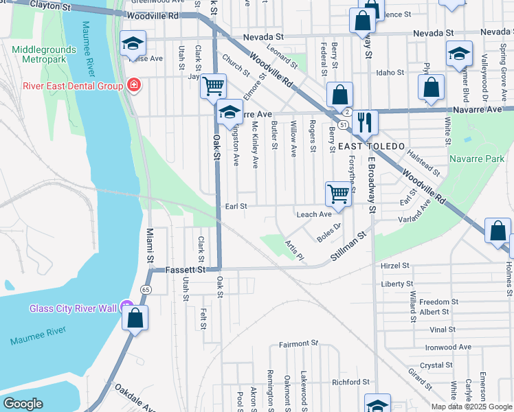 map of restaurants, bars, coffee shops, grocery stores, and more near Earl St & Mckinley Ave in Toledo