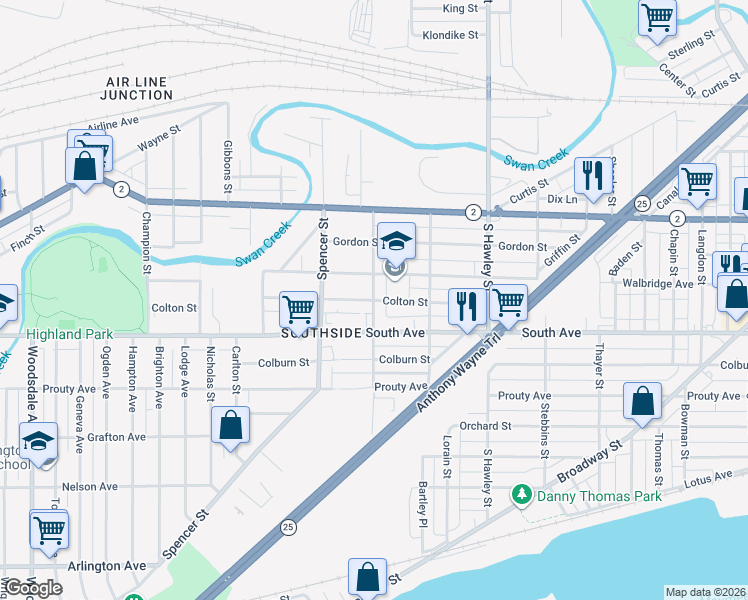 map of restaurants, bars, coffee shops, grocery stores, and more near 1298 Colton Street in Toledo
