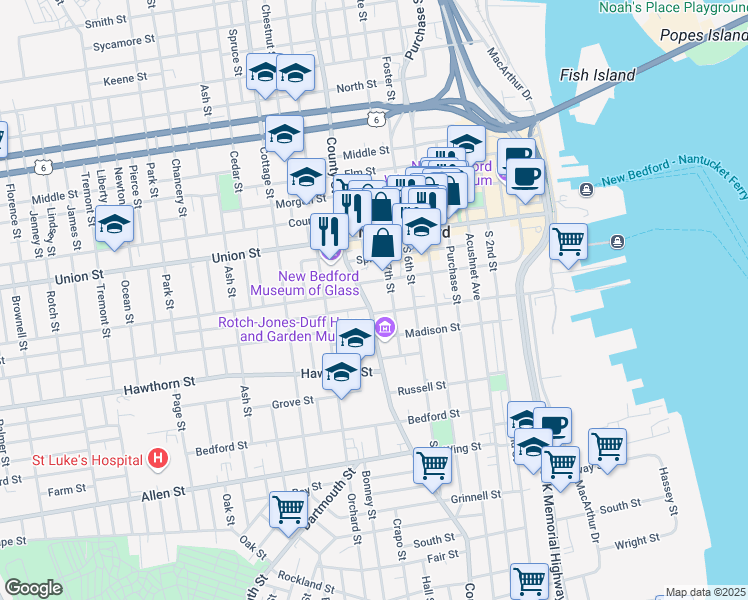 map of restaurants, bars, coffee shops, grocery stores, and more near 130 School Street in New Bedford