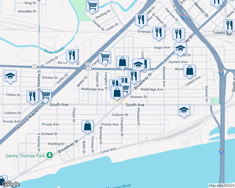map of restaurants, bars, coffee shops, grocery stores, and more near 1520 Broadway Street in Toledo
