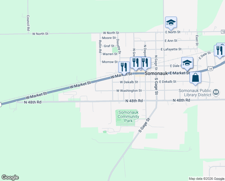 map of restaurants, bars, coffee shops, grocery stores, and more near 320 Maple Street in Somonauk