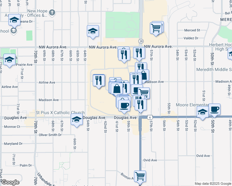 map of restaurants, bars, coffee shops, grocery stores, and more near 4000 Merle Hay Road in Des Moines