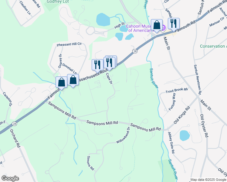 map of restaurants, bars, coffee shops, grocery stores, and more near 17 Cape Drive in Mashpee