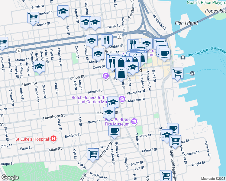 map of restaurants, bars, coffee shops, grocery stores, and more near 35 Arnold Street in New Bedford