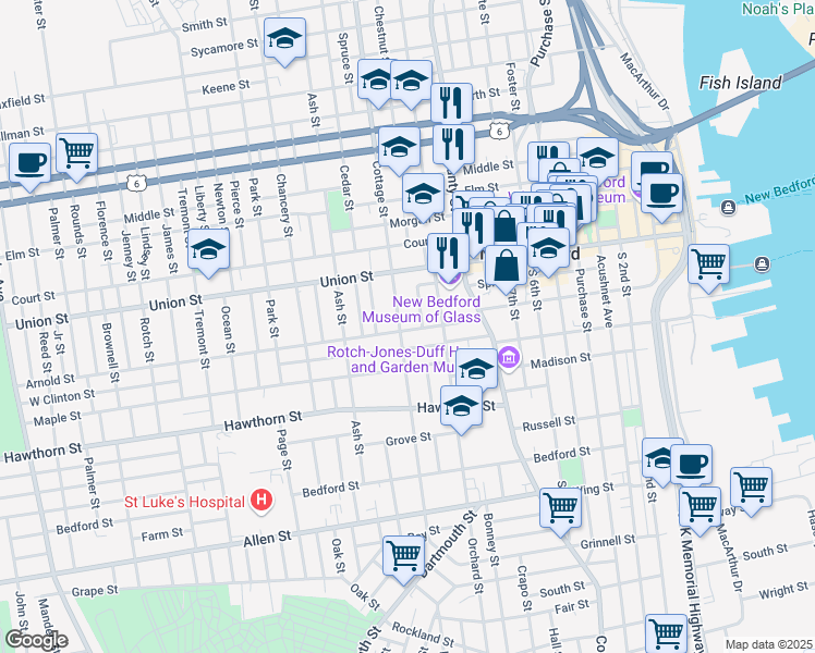 map of restaurants, bars, coffee shops, grocery stores, and more near 16 Arnold Place in New Bedford