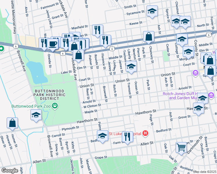 map of restaurants, bars, coffee shops, grocery stores, and more near 595 Union Street in New Bedford