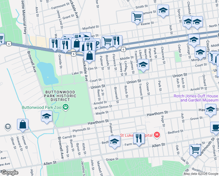 map of restaurants, bars, coffee shops, grocery stores, and more near 119 Rounds Street in New Bedford