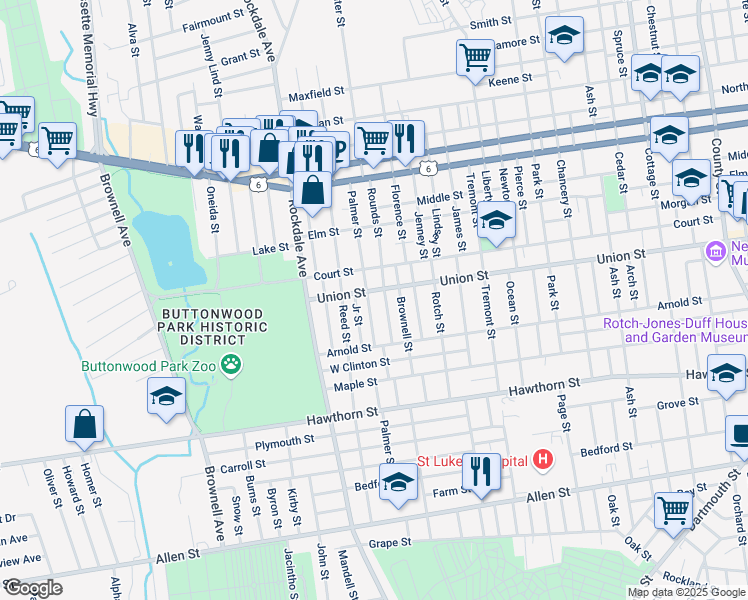 map of restaurants, bars, coffee shops, grocery stores, and more near 119 Rounds Street in New Bedford