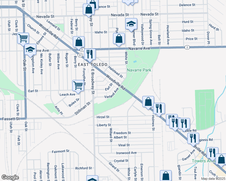 map of restaurants, bars, coffee shops, grocery stores, and more near 1204 Woodville Road in Toledo