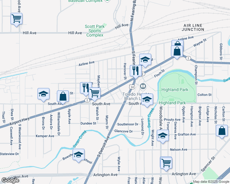 map of restaurants, bars, coffee shops, grocery stores, and more near 2048 Airport Highway in Toledo