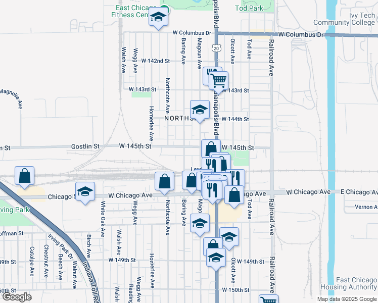 map of restaurants, bars, coffee shops, grocery stores, and more near 912 West 145th Street in East Chicago
