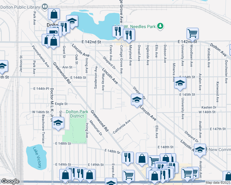 map of restaurants, bars, coffee shops, grocery stores, and more near 14430 Lincoln Avenue in Dolton