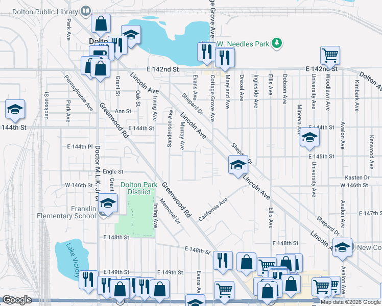map of restaurants, bars, coffee shops, grocery stores, and more near 4427 Murray Avenue in Dolton