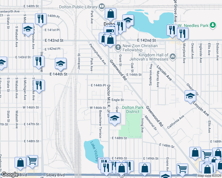 map of restaurants, bars, coffee shops, grocery stores, and more near 14427 Doctor Martin Luther King Junior Drive in Dolton
