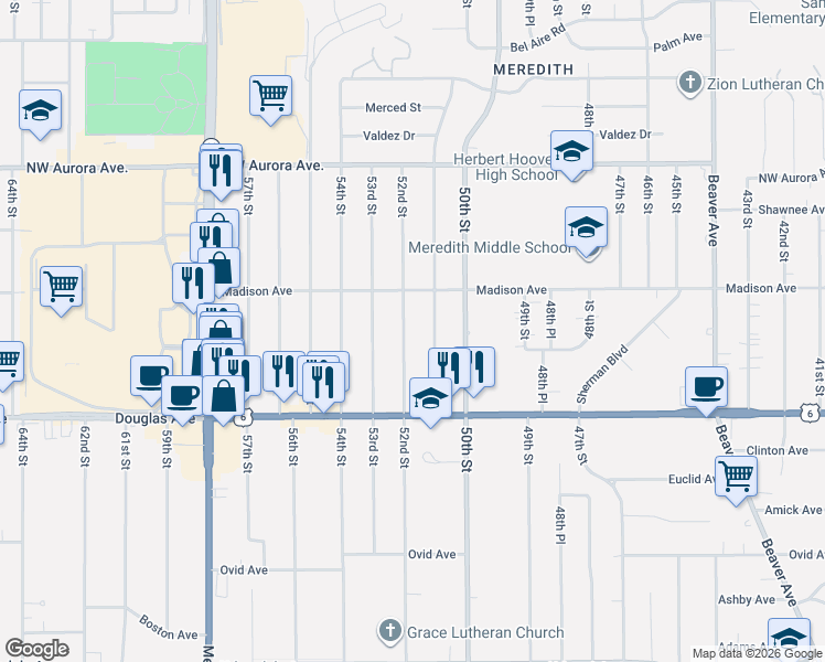 map of restaurants, bars, coffee shops, grocery stores, and more near 3929 52nd Street in Des Moines