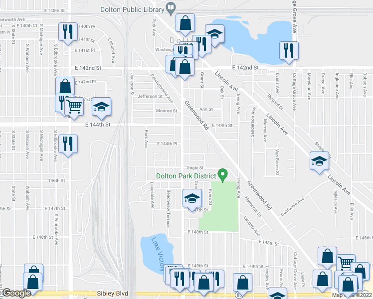 map of restaurants, bars, coffee shops, grocery stores, and more near 14427 Doctor Martin Luther King Junior Drive in Dolton
