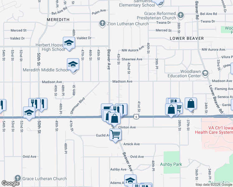 map of restaurants, bars, coffee shops, grocery stores, and more near 3935 43rd Street in Des Moines