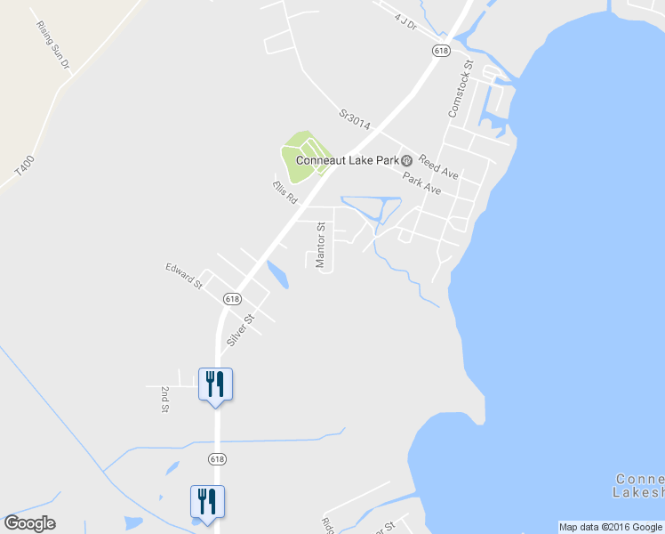map of restaurants, bars, coffee shops, grocery stores, and more near 12193 Schumaker Road in Conneaut Lake