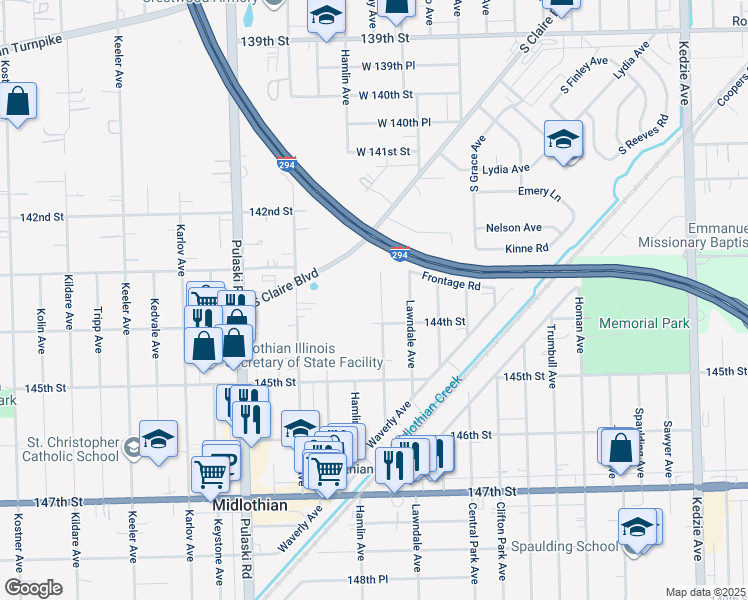 map of restaurants, bars, coffee shops, grocery stores, and more near 14334 Ridgeway Avenue in Midlothian