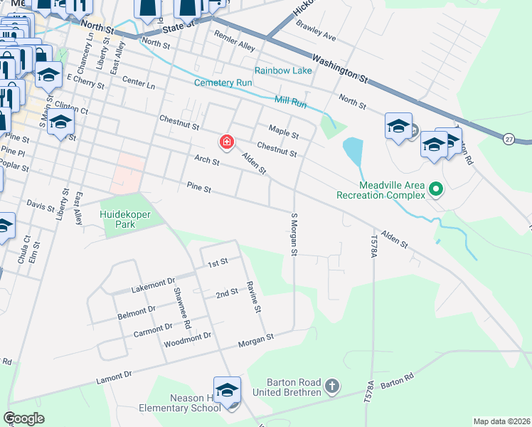 map of restaurants, bars, coffee shops, grocery stores, and more near 990-1012 Charlton St in Meadville