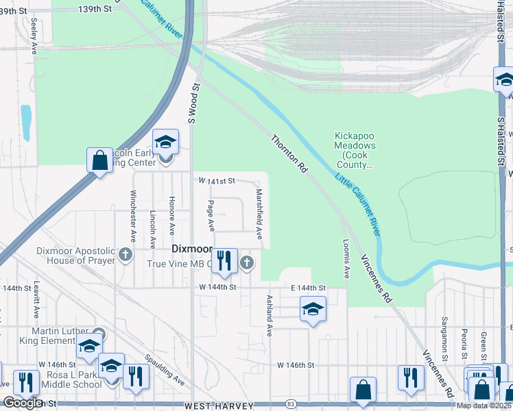 map of restaurants, bars, coffee shops, grocery stores, and more near 14140 Marshfield Avenue in Dixmoor