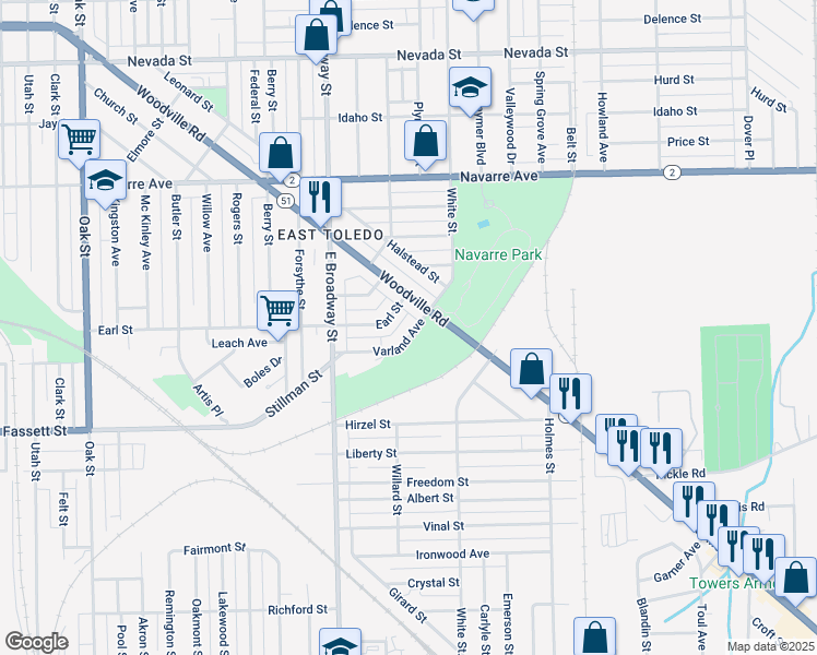 map of restaurants, bars, coffee shops, grocery stores, and more near 1229 Varland Avenue in Toledo