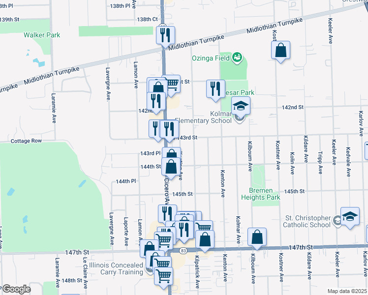 map of restaurants, bars, coffee shops, grocery stores, and more near 14300 Keating Avenue in Midlothian