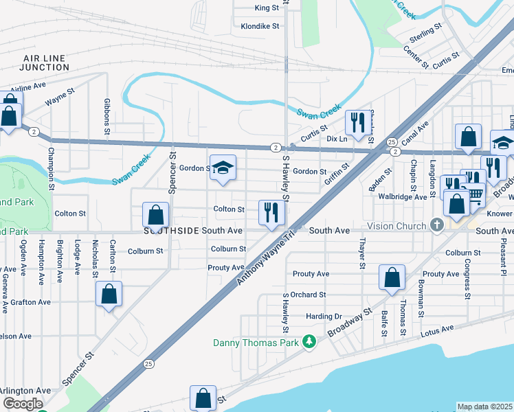 map of restaurants, bars, coffee shops, grocery stores, and more near 1146 Colton Street in Toledo
