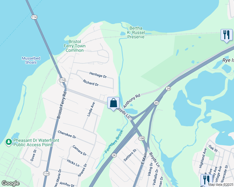 map of restaurants, bars, coffee shops, grocery stores, and more near 224 Heritage Drive in Portsmouth