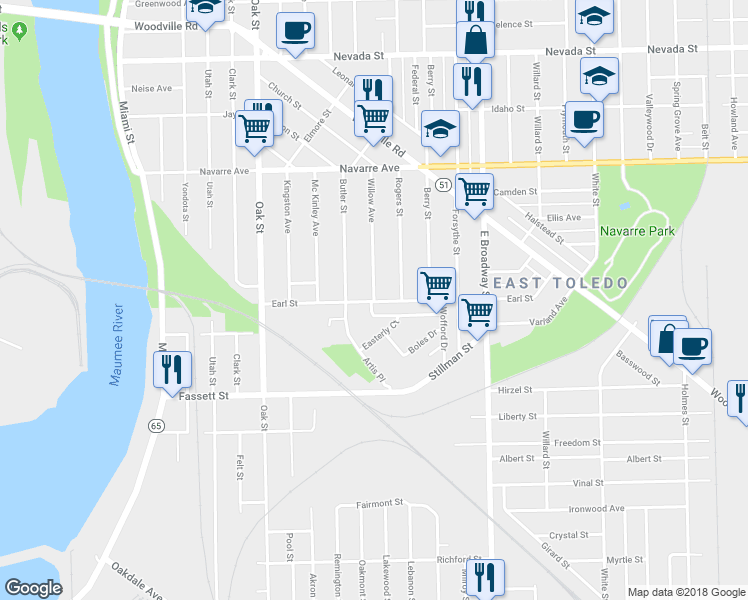map of restaurants, bars, coffee shops, grocery stores, and more near 998 Willow Avenue in Toledo