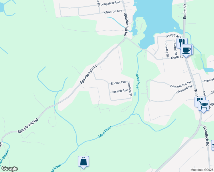 map of restaurants, bars, coffee shops, grocery stores, and more near 54 Cancellaro Drive in Wolcott