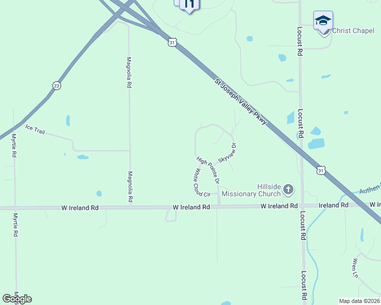 map of restaurants, bars, coffee shops, grocery stores, and more near 59100-59298 High Pointe Drive in South Bend