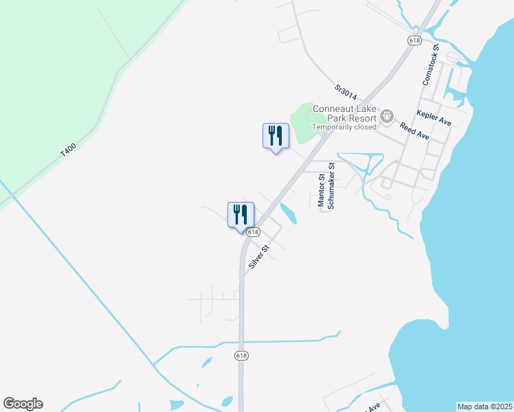 map of restaurants, bars, coffee shops, grocery stores, and more near 10300 Charlotte Avenue in Conneaut Lake