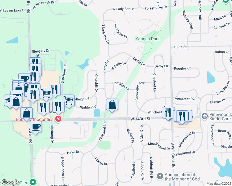 map of restaurants, bars, coffee shops, grocery stores, and more near 14121 Pheasant Lane in Orland Park