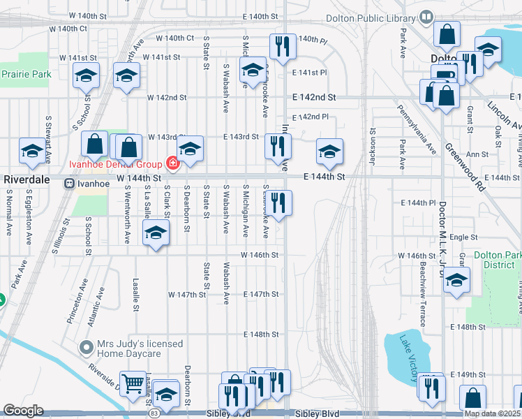 map of restaurants, bars, coffee shops, grocery stores, and more near 14423 South Edbrooke Avenue in Riverdale