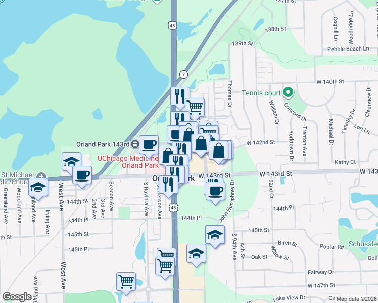 map of restaurants, bars, coffee shops, grocery stores, and more near 14215 South La Grange Road in Orland Park