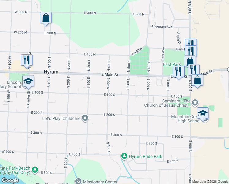 map of restaurants, bars, coffee shops, grocery stores, and more near 431 East 100 South in Hyrum