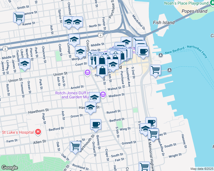 map of restaurants, bars, coffee shops, grocery stores, and more near 23 South 6th Street in New Bedford