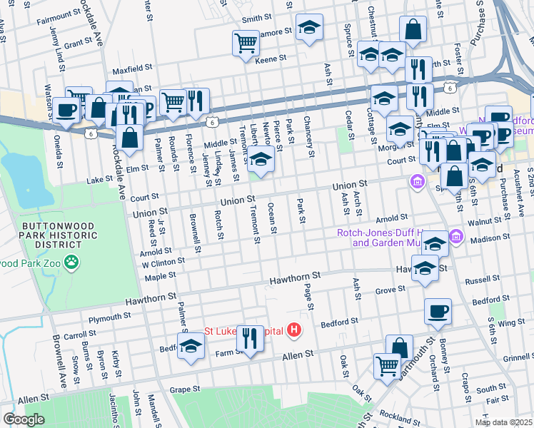 map of restaurants, bars, coffee shops, grocery stores, and more near 72 Ocean Street in New Bedford