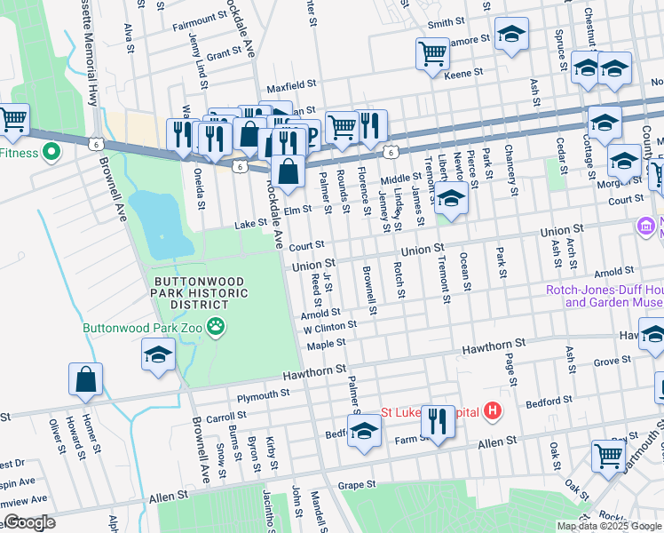 map of restaurants, bars, coffee shops, grocery stores, and more near 119 Rounds Street in New Bedford