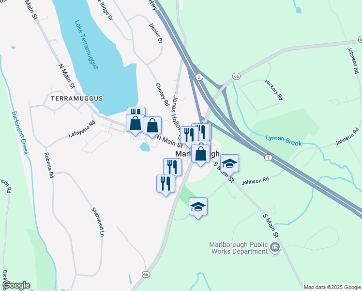 map of restaurants, bars, coffee shops, grocery stores, and more near 10 Jones Hollow Road in Marlborough