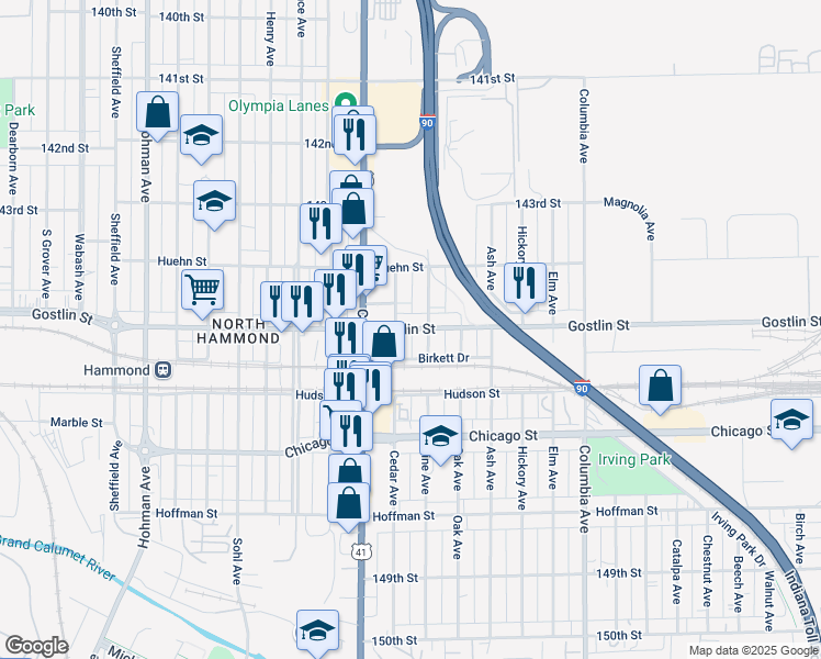 map of restaurants, bars, coffee shops, grocery stores, and more near 4435 Cedar Avenue in Hammond